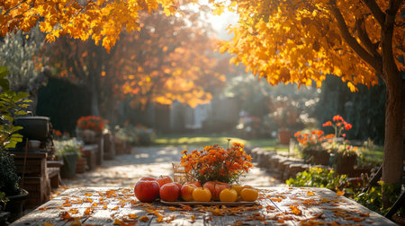 Autumnal garden with vibrant orange leaves and fruit display on a rustic table during golden hour in a peaceful setting. Generative AIの素材