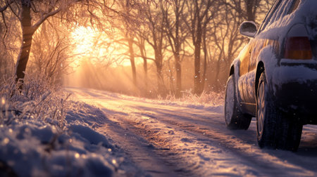 A winter sunset illuminates a snowy road with a parked car surrounded by frosty treesの素材