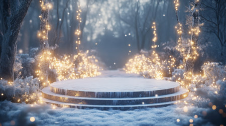 A serene winter night in a forest illuminated by glowing lights and soft snow driftsの素材