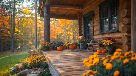 Autumn porch decorated with vibrant flowers and pumpkins in a tranquil forest setting. Generative AIの素材