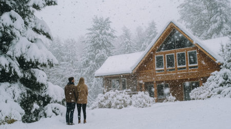 Cozy couple enjoying a snowy day in front of a charming wooden cabin in the woodsの素材