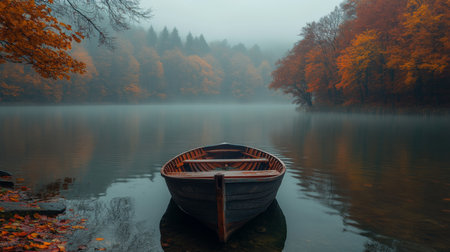 A tranquil wooden boat floats on a misty lake surrounded by vibrant autumn foliage in early morning light. Generative AIの素材