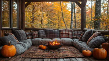 Cozy autumn retreat with warm fire and pumpkins in a charming forest cabin under golden foliage. Generative AIの素材