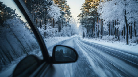 Snow-covered road winding through a forest in winter during early morning lightの素材