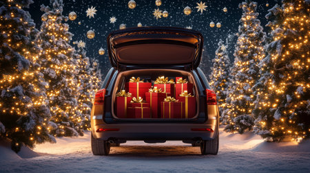 A cozy winter night with presents in an open car trunk surrounded by festive treesの素材