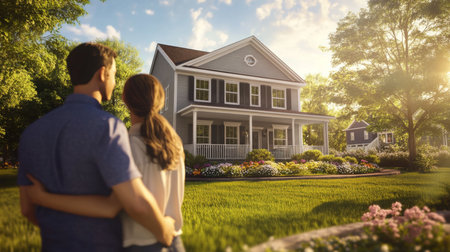 Couple enjoying a sunset view of their new home in a picturesque suburban neighborhoodの素材