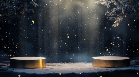 Two gold podiums sit in a snowy forest, bathed in warm lightの素材