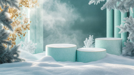 Three blue platforms with a gold trim sit on a snowy surfaceの素材