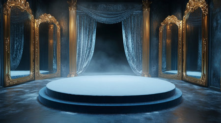 A grand empty stage with ornate mirrors and draped curtains illuminated by soft fogの素材