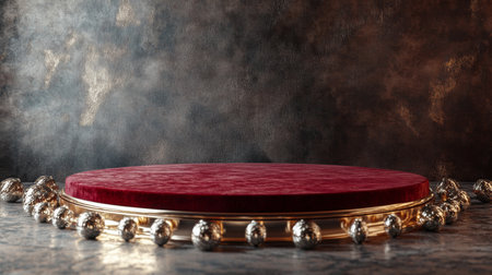 Elegant display stand with red velvet and ornate golden border for exquisite showcasesの素材