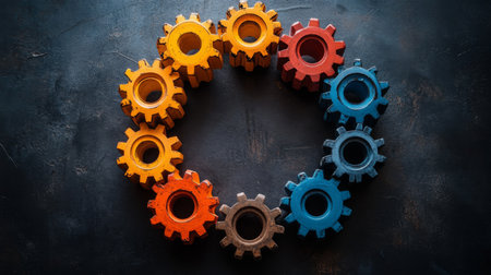 Colorful gears arranged in a circular formation on a dark surface representing creativity and collaboration in engineering design. Generative AIの素材