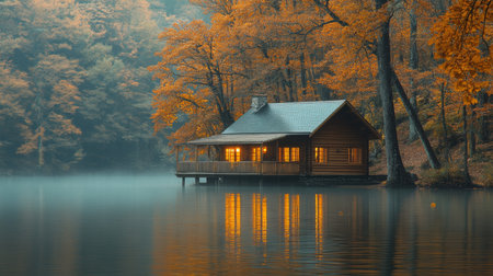 A serene wooden cabin by a misty lake surrounded by vibrant autumn foliage during early morning hours. Generative AIの素材
