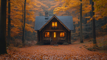 Charming log cabin nestled in an autumn forest with golden leaves, warm lights glowing from windows during twilight. Generative AIの素材