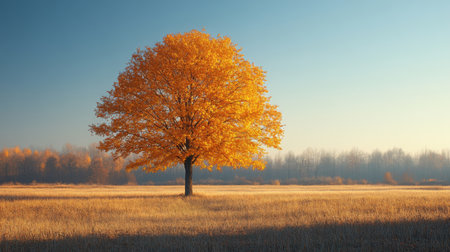 A vibrant autumn tree stands alone in a golden field under a clear blue sky during a peaceful morning. Generative AIの素材