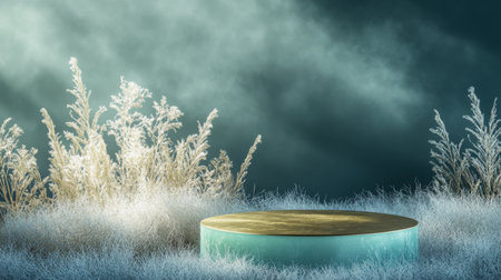 Frost-covered grass with circular podium under moody sky at dusk in a tranquil landscapeの素材