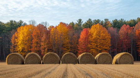 Harvested hay bales arranged in a field surrounded by vibrant autumn trees in late afternoon light. Generative AIの素材
