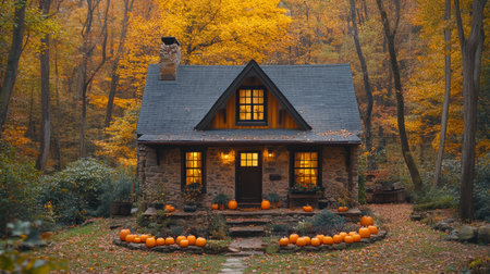 Cozy stone cottage surrounded by vibrant autumn leaves and pumpkins in a serene forest setting. Generative AIの素材