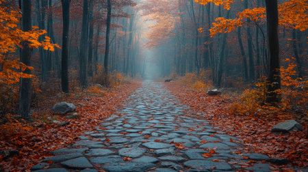 Serene autumn pathway surrounded by vibrant orange leaves in a tranquil forest on a misty morning. Generative AIの素材