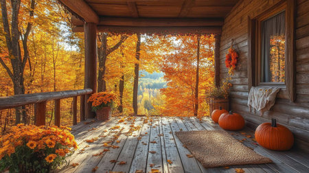 Cozy autumn porch decorated with pumpkins and flowers surrounded by vibrant fall foliage in a serene forest setting. Generative AIの素材