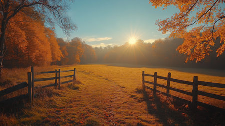 Golden autumn morning with sunlight illuminating a peaceful field and wooden fence in a serene landscape. Generative AIの素材