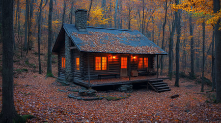 A cozy log cabin nestled among vibrant autumn trees in the woods during sunset, inviting warmth from glowing windows. Generative AIの素材