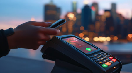 Nighttime mobile payment transaction with city skyline in the backgroundの素材