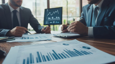 Two businessmen are reviewing financial data at a meetingの素材