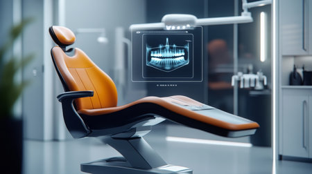 Modern dental chair in a high-tech clinic showcasing digital x-ray imaging technologyの素材