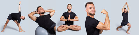 Man performing various yoga poses on a fitness ball against a light backdrop