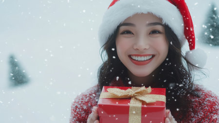 A woman wearing a Santa hat smiles and holds a red gift box in a snowy winter settingの素材
