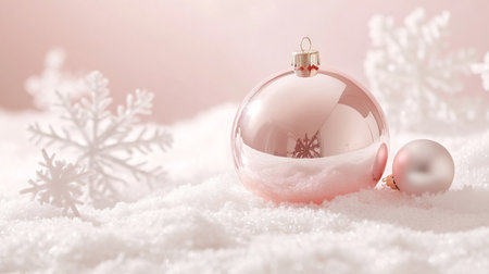 A pink Christmas ornament sits on a bed of white snow, surrounded by snowflakesの素材