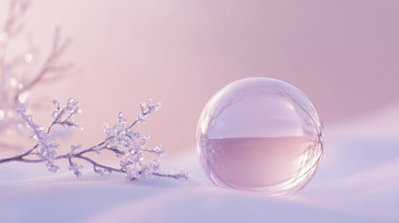 A delicate bubble resting on fresh snow beside a branch in soft pastel winter lightの素材