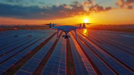 Drone flying over solar panel fields at sunset, capturing the beauty of renewable energy technology in action. Generative AIの素材
