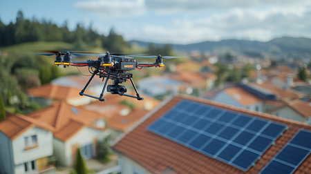 A drone flying over residential rooftops with solar panels in a scenic landscape on a clear day. Generative AIの素材