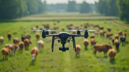 Drone monitoring livestock in a green pasture during a sunny day. Generative AIの素材