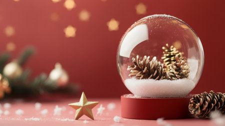 A festive snow globe featuring pinecones and snow on a red background with golden starsの素材