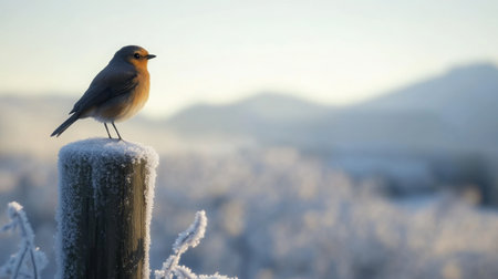 A small bird perched on a frosted post with a snowy landscape in the morning lightの素材
