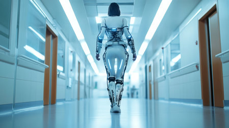A woman walks down a hospital hallway wearing an exoskeletonの素材