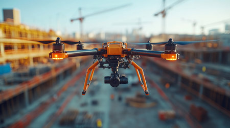 Drone surveying a construction site during sunset with machinery and cranes in the background. Generative AIの素材