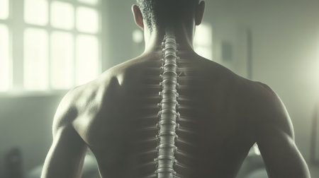 A person showing detailed spinal column structure in serene indoor setting during daylightの素材