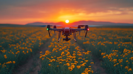 A drone flies above a vibrant flower field at sunset, capturing the beautiful landscape in full bloom. Generative AIの素材