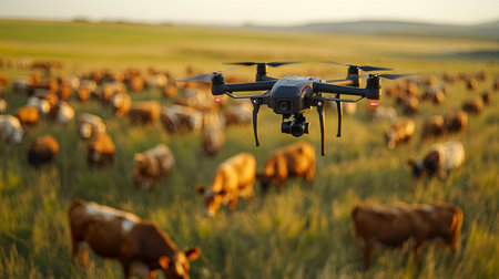Drone flying over a field watching grazing cattle at sunset on a farm. Generative AIの素材