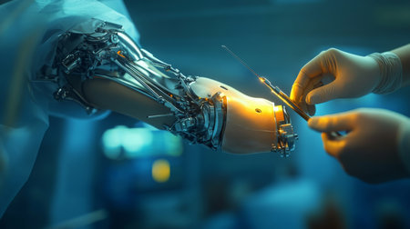 Medical professional works on advanced robotic arm in a clinical setting during surgeryの素材