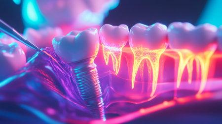 Innovative dental implants showcased with glowing effects and detailed tooth structuresの素材