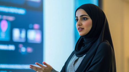 A woman in a hijab presents a presentation in front of a large screenの素材