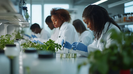 A scientist in a lab coat uses a pipette to test a plant sampleの素材
