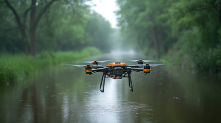Drone flying over a flooded river in a dense forest during a misty morning exploration. Generative AIの素材
