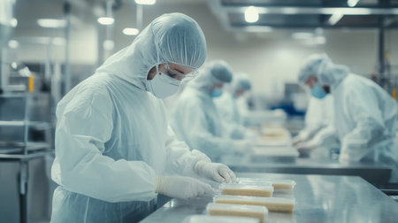 Workers in protective gear preparing food products in a controlled environmentの素材