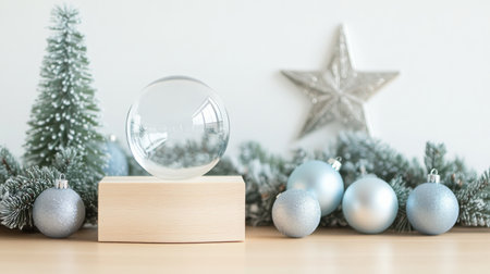 A glass orb sits on a wooden stand surrounded by blue ornaments and a small pine treeの素材