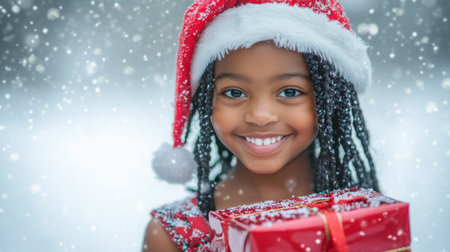 Cheerful child in red Santa hat holding Christmas gift amidst falling snowflakes in winterの素材